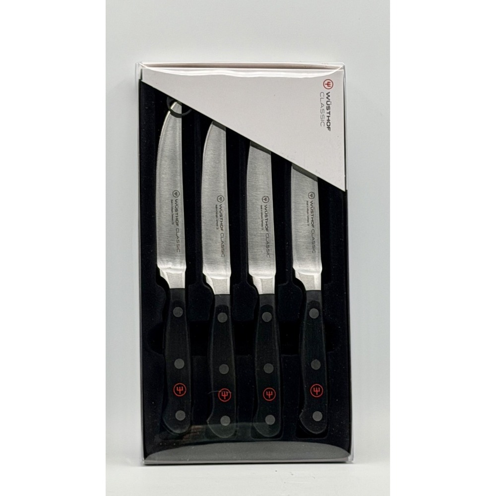 Wusthof Classic 4 Piece 4.5" Straight Steak Knife Set New Laser Handle LOGO